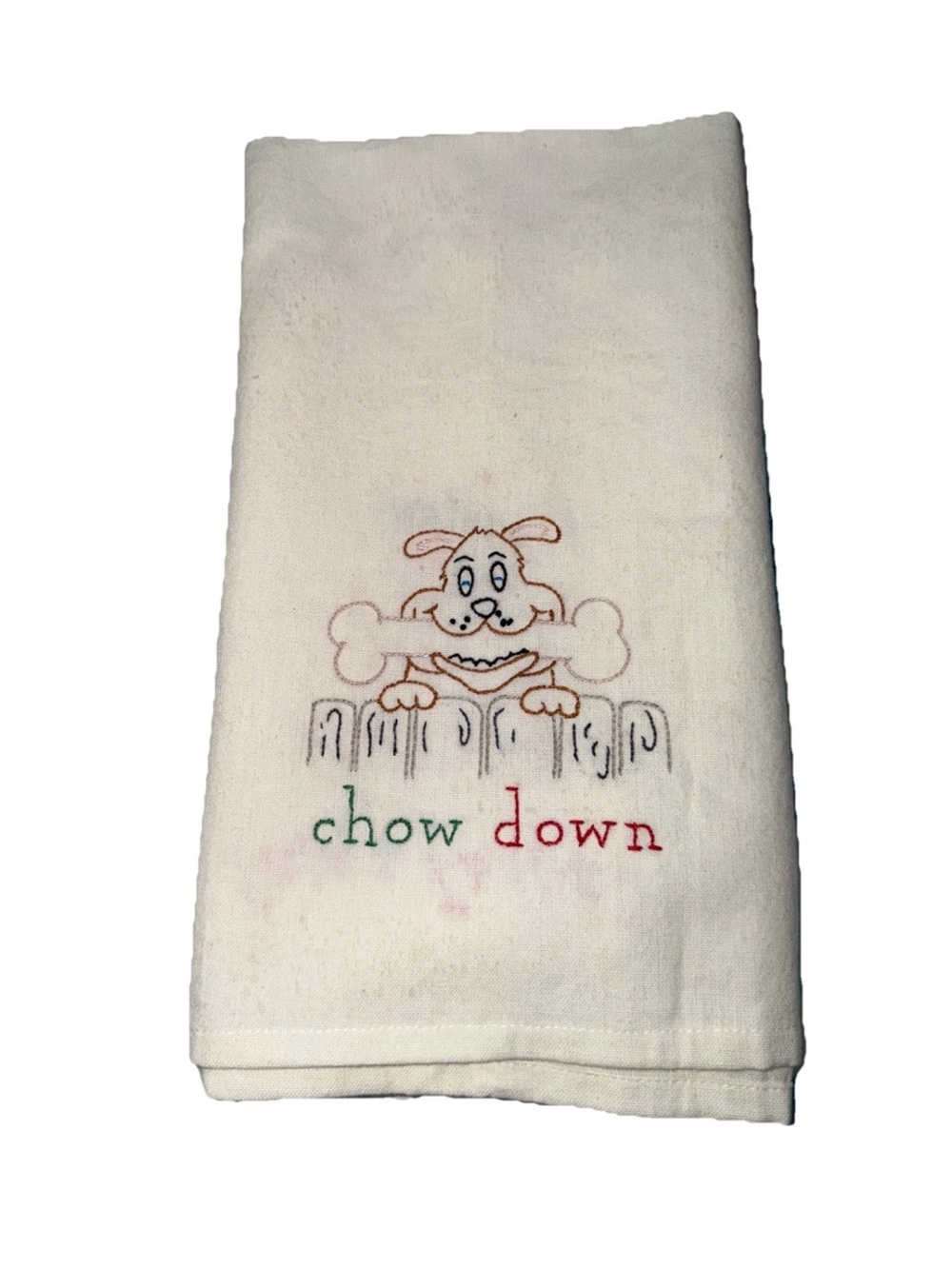 Hand Embroidered Flour
Sack Kitchen Towel Vintage Dog/Cat Chow Down Tea Towel